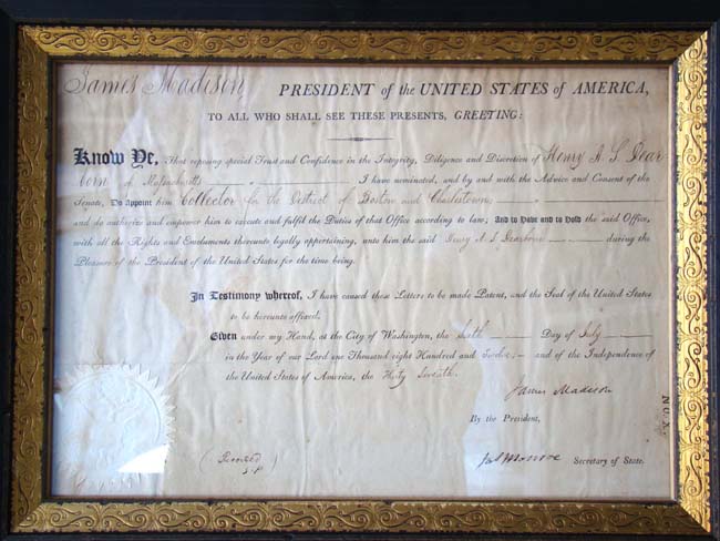 An important WAR OF 1812 appointment signed  by President James Madison (and James Monroe) naming Henry A.S. Dearborn, son of the famous Henry Dearborn of Revolutionary War fame, as Collector of Customs for the Ports of Boston and Charlestown. — image 2